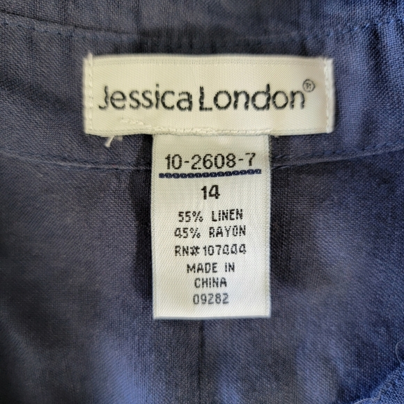 Jessica London Linen Blend Women's Roll Tab Navy Blue Gold Anchor Button Down 14 - Picture 9 of 12